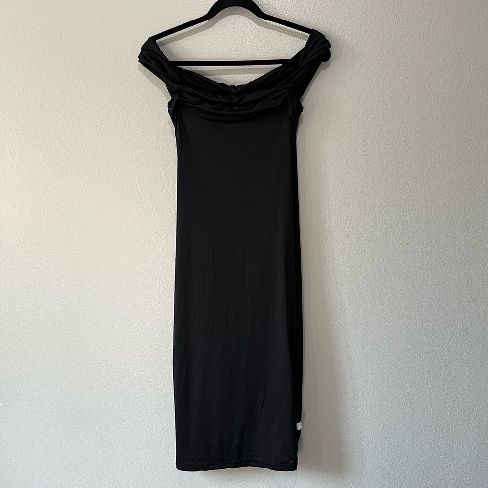 Black Silky Off The Shoulder Black Midi Dress Size M